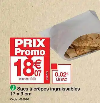 Promocash Sacs à crêpes ingraissables 17 x 9 cm offre