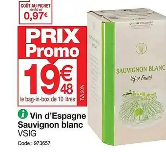 Promocash Vin d'espagne sauvignon blanc vsig offre