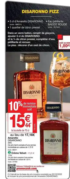 Promocash Amaretto disaronno 28% crème velvet offre