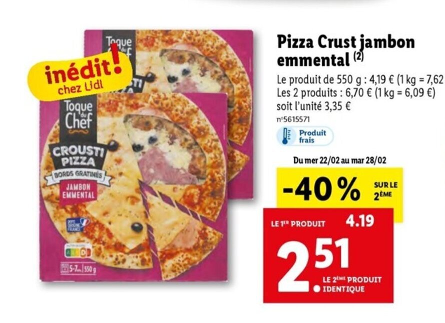 Promo Pizza crust jambon emmental chez Lidl