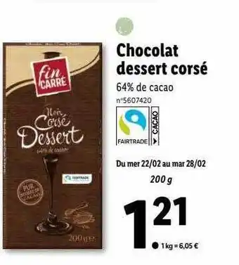 Lidl Chocolat dessert corsé fin carré offre