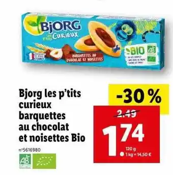 Lidl Bjorg les p'tits curieux barquettes au chocolat et noisettes bio offre