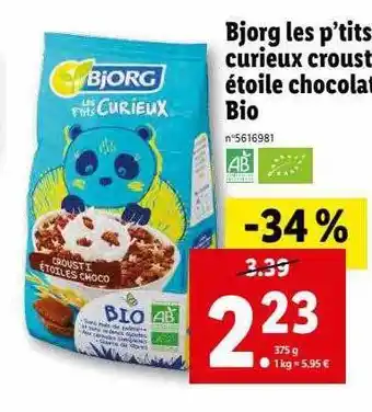Lidl Bjorg les p'tits curieux croust étoile chocolat bio offre