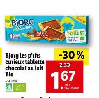 Lidl Bjorg les p'tits curieux tablette chocolat au lait bio offre