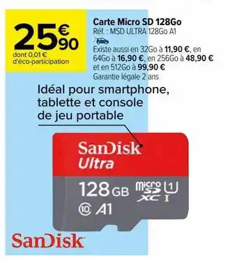 Carrefour Carte micro sd 128 go sandisk offre