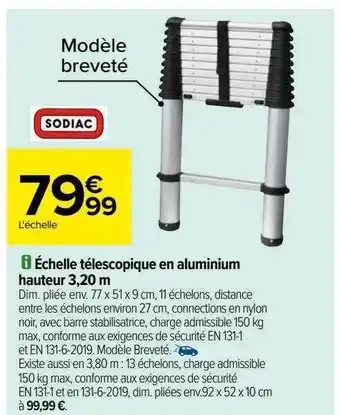 Carrefour Échelle télescopique en aluminium hauteur 3,20 m sodiac offre