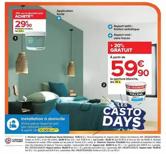 Castorama Peinture couleur goodhome haute résistance, peinture blanche tollens, aspect velours , aspect satin offre