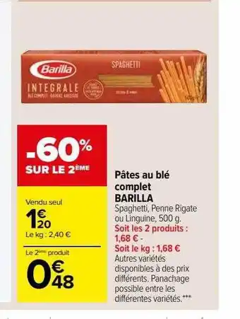 Carrefour Market Pâtes au blé complet barilla offre
