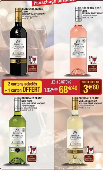 Cora x Carrefour Bordeaux rouge 2019 mission saint vicent, bordeaux rosé 2021, bordeaux blanc sec 2021, bordeaux blanc moelleux 2022 offre