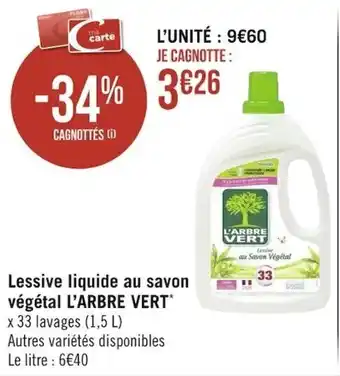 Casino Supermarchés Lessive liquide au savon végétal L'ARBRE VERT offre