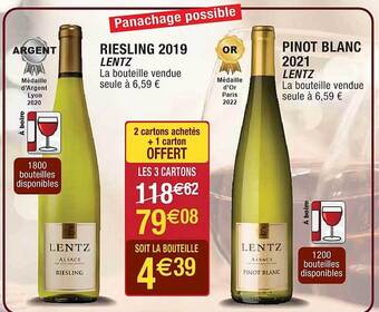 Cora x Carrefour Riesling 2019 lentz, pinot blanc 2021 lentz offre