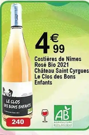 Costières de nîmes rosé bio 2021 château saint cyrgues le clos des bons enfants