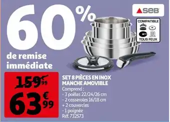 Auchan Set 8 pièces en inox manche amovible seb offre