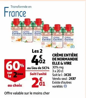 Auchan Crème entière de normandie elle & vire offre