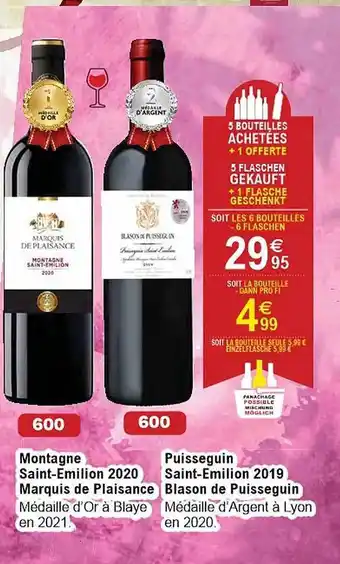 Cora x Carrefour Montagne saint-émilion 2020 marquis de plaisance, puisseguin saint-émilion 2019 blason de puisseguin offre