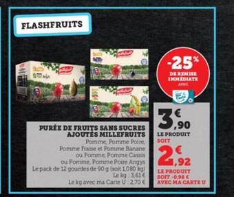 Hyper U Purée de fruits sans sucres ajoutés millefruits offre