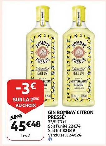 Auchan Gin bombay citron pressé offre
