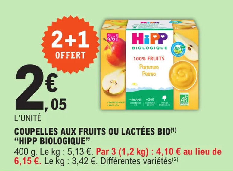 Promo Coupelles aux fruits ou lactées bio "HIPP BIOLOGIQUE" chez E.Leclerc