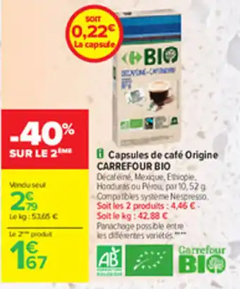 Carrefour Capsules de café origine CARREFOUR BIO offre