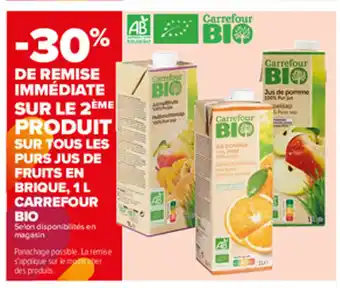 Carrefour Sur Tous Les Purs Jus de Fruits En Brique 1L Carrefour Bio offre