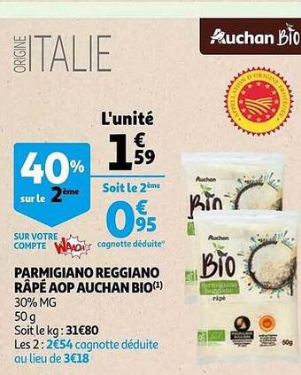 Auchan Parmigiano reggiano râpé aop auchan bio offre