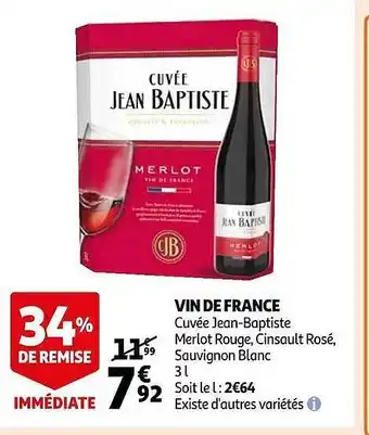 Auchan Vin de france cuvée jean-baptiste merlot rouge, cinsault rosé, sauvignon blanc offre