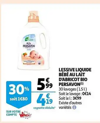 Auchan Lessive liquide bébé au lait d'abricot bio persavon offre