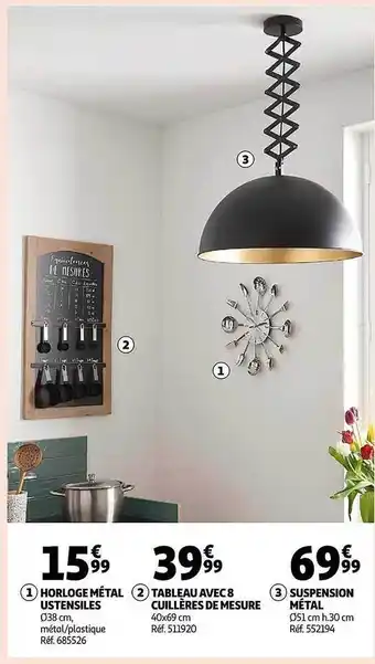 Auchan Horloge métal ustensiles, tableau avec 8 cuillères de mesure, suspension métal offre