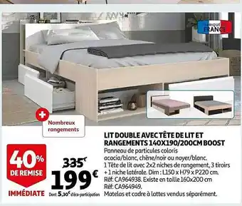 Auchan Lit double avec tête de lit et rangements 140 x 190 - 200 cm boost offre