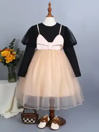 Fille robe de soirée manches gigot avec tulle 2 en 1