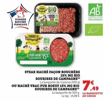 Super U Viande steak haché façon bouchère 15% mg bio sourires de campagne offre