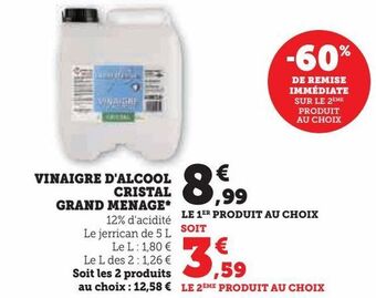 Hyper U Vinaigre d'alcool cristal grand menage offre