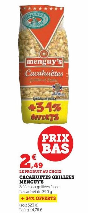 Hyper U Cacahuetes grillees menguy's offre