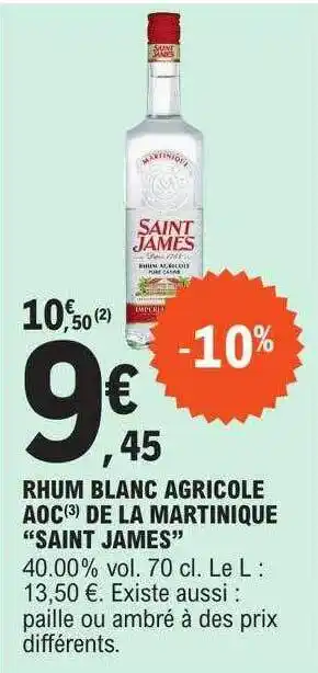 E.Leclerc Rhum blanc agricole aoc de la martinique offre