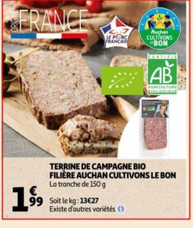 Promo Terrine de Campagne Bio Filière Auchan cultivons Le Bon chez Auchan