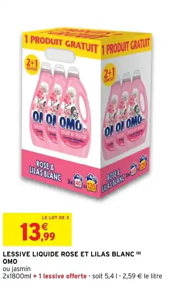 Intermarché Hyper Lessive liquide rose et lilas blanc OMO offre