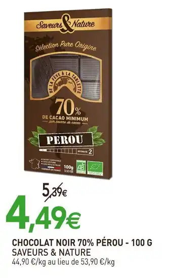 naturéO Chocolat Noir 70% Pèrou- 100 G Saveurs & Nature offre