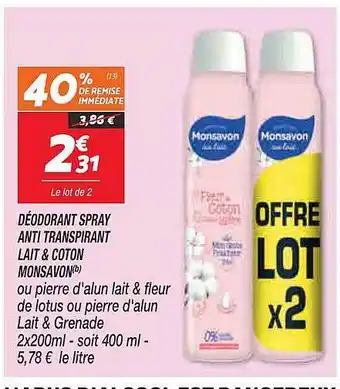 Netto Déodorant spray anti transpirant lait & coton monsavon offre