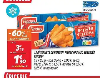 13 bùtonnets de poisson fish&chips msc surgelés findus