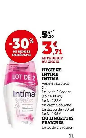 Super U Hygiène intime intima ou lingettes fraîches offre