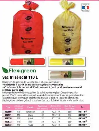 Calipage Sac tri sélectif 110 l flexigreen offre