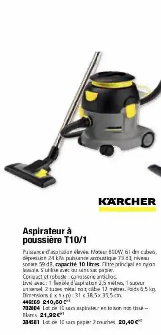 Calipage Aspirateur à poussière t10-1 kärcher offre