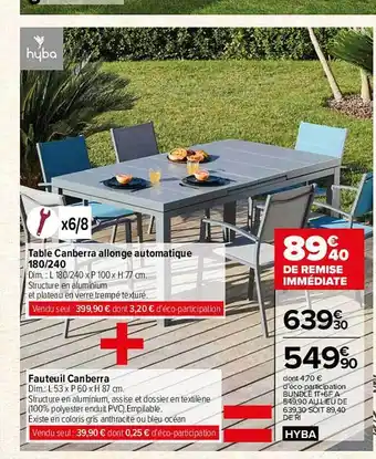 Carrefour Market Table canberra allonge automatique 180-240 + fauteuil canberra offre
