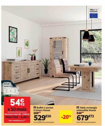 Buffet 2 portes 6 tiroirs hawai, table rectangle extensible hawai