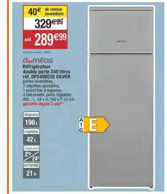 Migros Réfrigérateur double porte 240 litres doméos offre