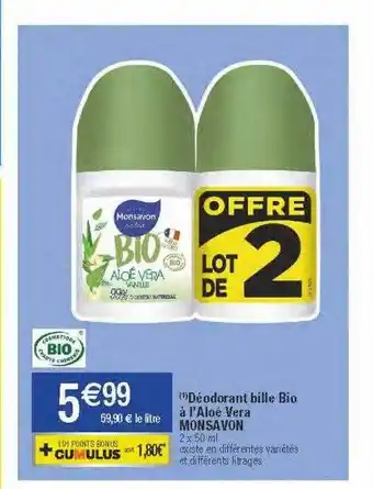 Migros Déodorant bille bio à l'aloé vera monsavon offre