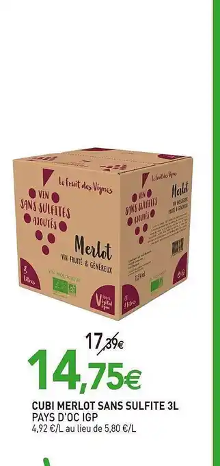 Cubi merlot sans sulfite 3 l pays d'oc igp