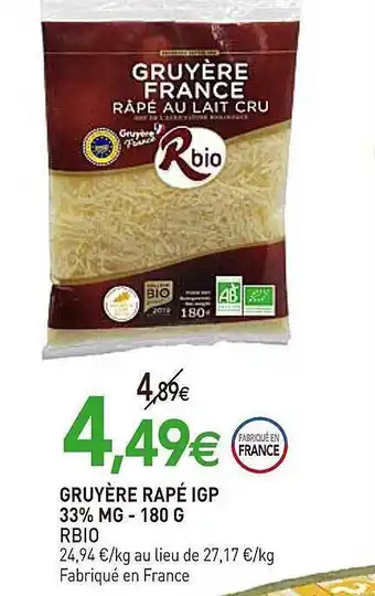 naturéO Gruyère râpé igp 33% mg - 180 g rbio offre