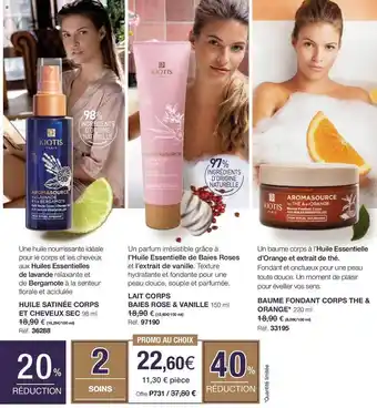 Stanhome Huile satinée corps et cheveux sec kiotis paris, lait corps baies rose & vanielle kiotis paris, baume fondant corps the & ora offre