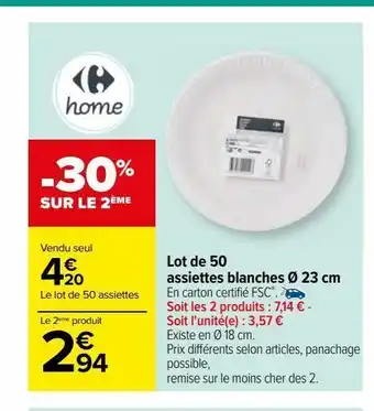Carrefour Lot de 50 assiettes blanches ø 23 cm offre
